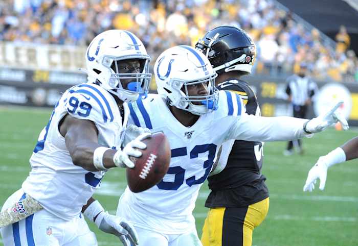 Justin Houston (99) and Darius Leonard (53) celebrate a fumble recovery in an Indianapolis Colts game at Pittsburgh in 2019. The Colts and Steelers meet again Sunday at Heinz Field.